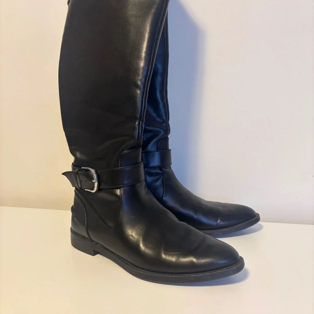 Zara Trafaluc Vegan Faux Leather Knee High Zip Up Buckle Riding Boots Black 5.5